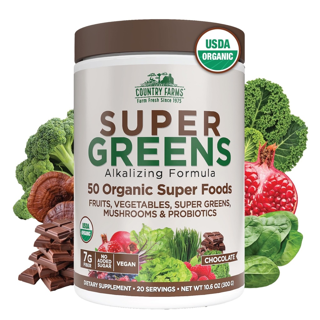 ΧΩΡΑ FARMS Βιολογικά Super Greens Σοκολάτα Γεύση, 50 Βιολογικά Super Foods, USDA Βιολογικό Μείγμα Ποτού, Συσκευασμένο με Ίνες, Φρούτα, Λαχανικά, Μανιτάρια & Προβιοτικά, Υποστηρίζει την Ενέργεια, 7g Ίνες