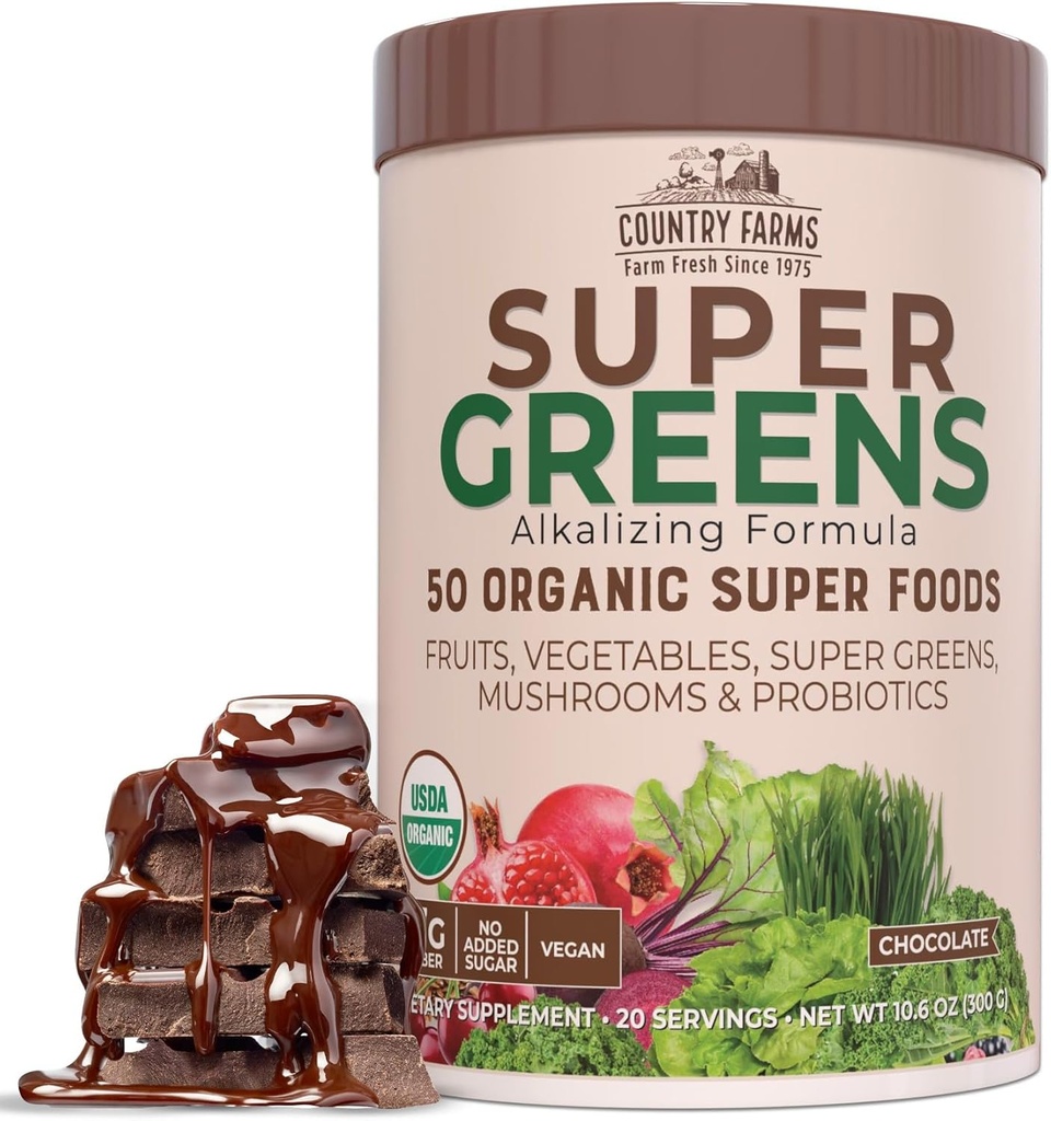 COUNTRY FARMS Organik Super Greens Chocolate Flavor, 50 Organik Süper Gıdalar, USDA Organik İçecek Mix, Fiber, Meyveler, Sebzeler, Mushrooms & Probiyotikler, Destekler Enerji, 7g Fiber Fiber