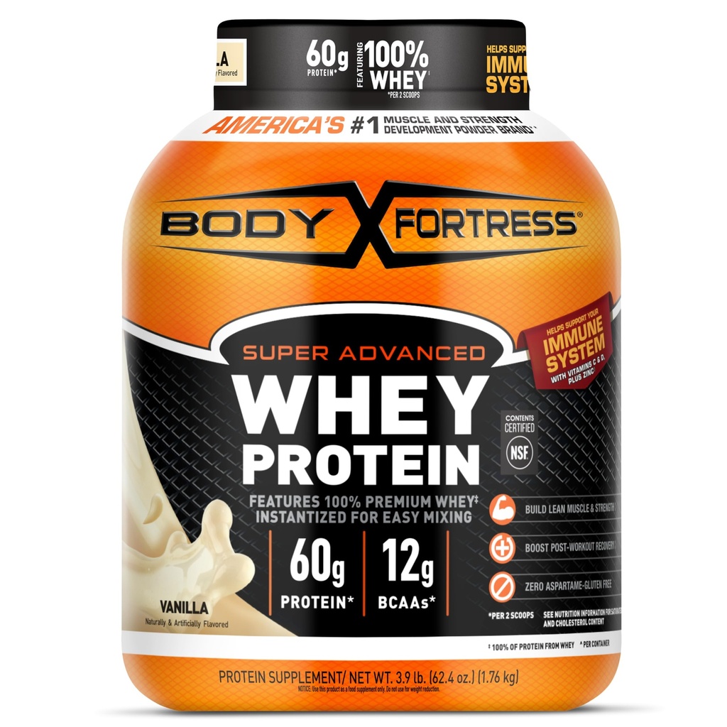 Φρούριο σώματος Super Advanced Whey Protein Powder, Vanilla, ανοσοποιητική υποστήριξη (1), Βιταμίνες C & D Plus ψευδάργυρος, 3,9 lbs.