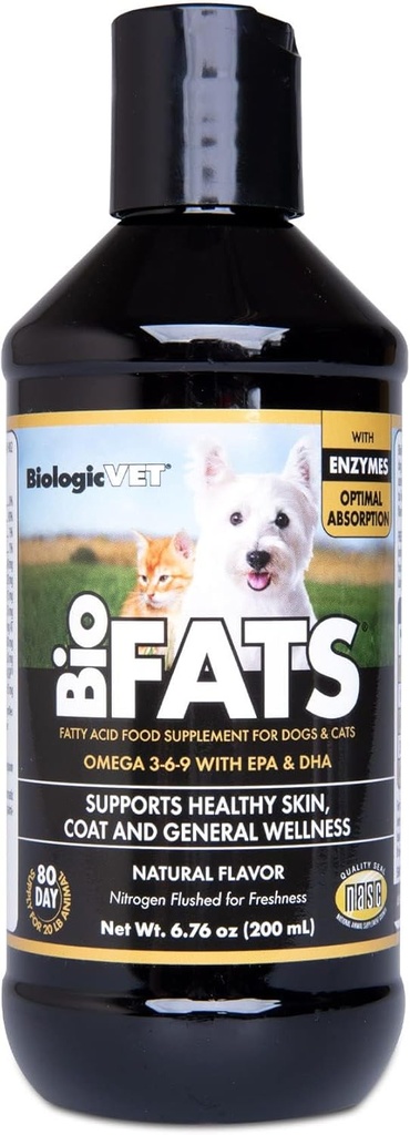 BiologicVET BioFATS - Contains Omegas 3, 6 & 9 - EPA, DHA & ALA - Köpek ve Kedi için - Cilt ve Ortak Sağlık Desteği - Balık, Flaxseed & Zeytinyağı içerir - 6.76 fl. oz.