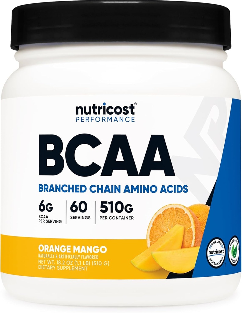 Nutricost BCAA σκόνη (Orange Mango, 60 εξυπηρετήσεις) - 2:1:1 Βέλτιστη αναλογία, χωρίς γλουτένη, μη ΓΤΟ, χορτοφάγοι