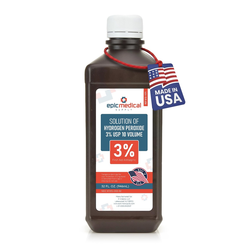 Epic Medical Supply Hydrogen Peroxide 32 oz. First Aid Antiseptic and Multipurpose Cleaner, 3% USP, Topical Wash for Minor Cuts, Scrapes, Insect Bites, and Skin Irritations. (1)