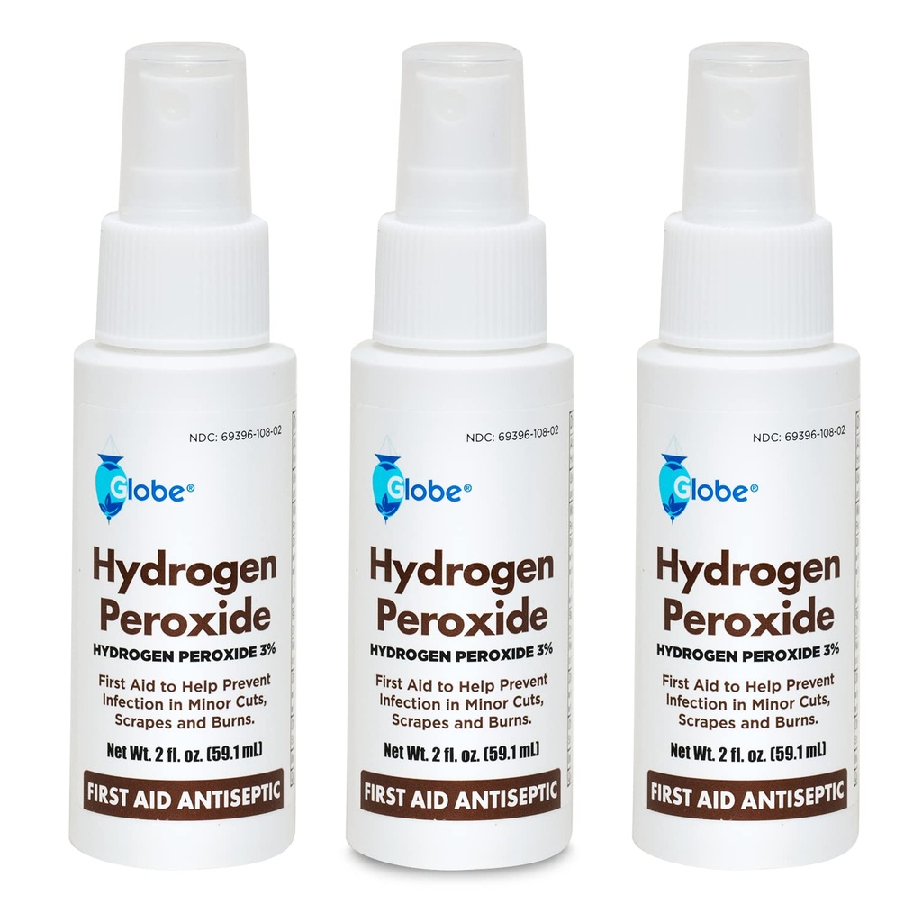(3 Pack) Globe Hydrogen Peroxide 3% First Aid Antiseptic Topical Solution USP Spray Bottle, 2 Fl. Oz Convenient Pump Spray Bottle