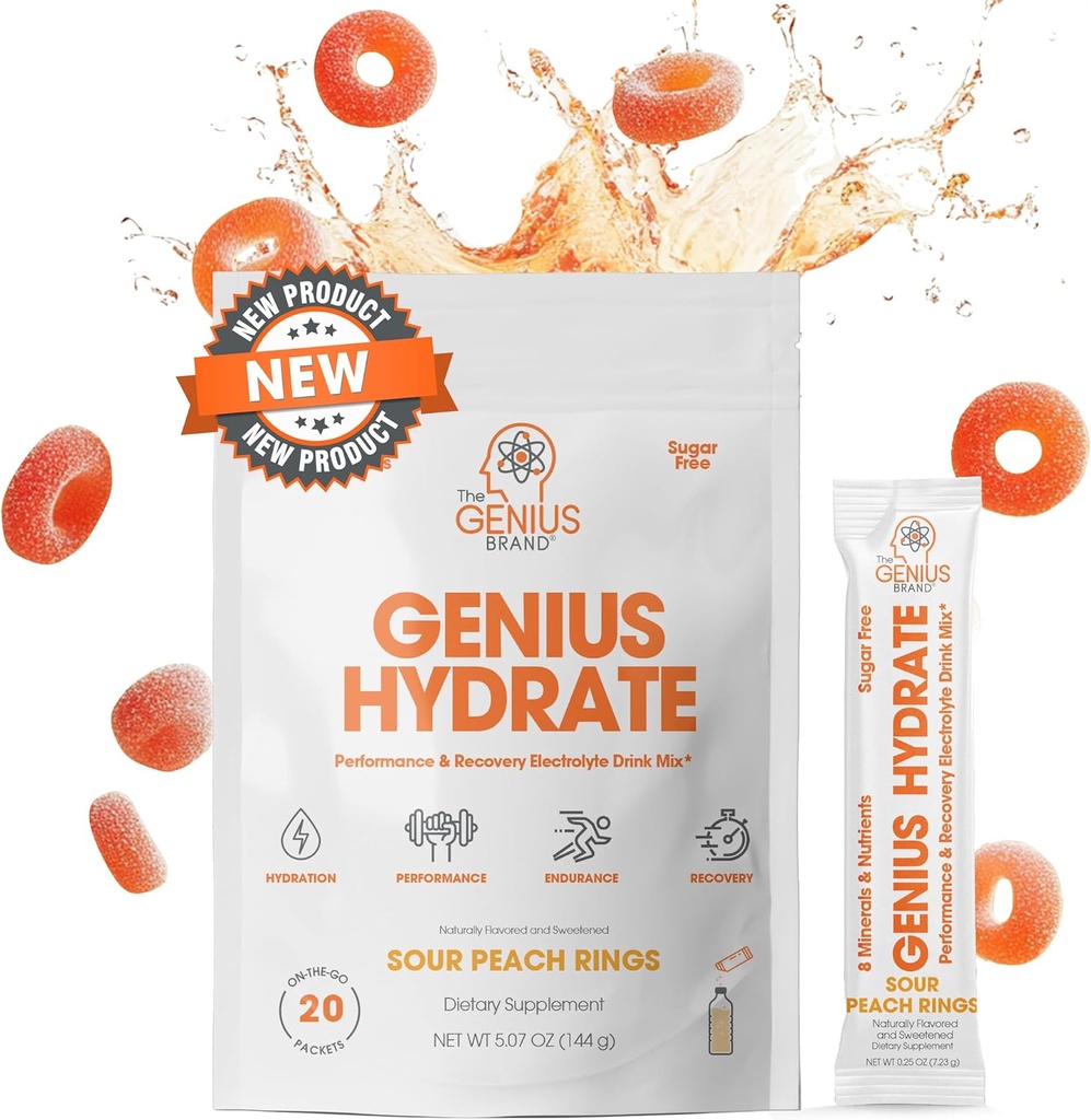 Genius Brand Genius Hydrate - Daily Hydration için Electrolyte Supplement - Coconut Water - Sugar-Free - 8 Essential Minerals & Nutrients - Non-GMO - Sour Peach Halkaları - 20 Hizmetler