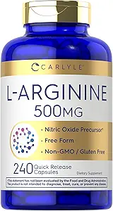 Carlyle L-Arginine 500 mg Capsules | 240 Kont | Free Form | Non-GMO & Gluten Free Supplement Supplement