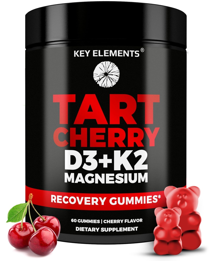 KEY ELEMENTS Recovery Tart Cherry Gummies with Vitamin D3 K2 5000 IU & Magnesium - Vitamin D3 K2 Gummies for Sleep, Bone & Immune Support - Non-GMO, Gluten-Free, Sugar-Free