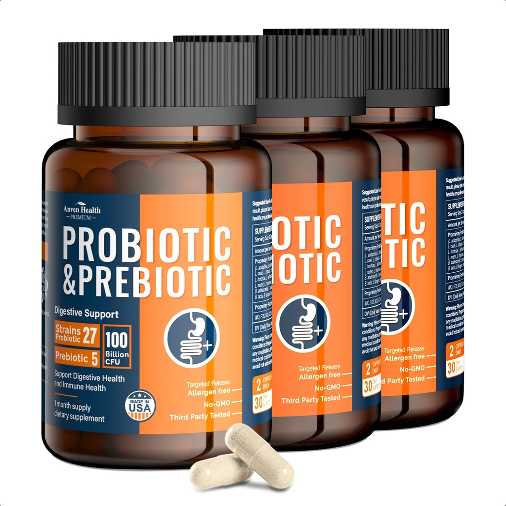 Erkekler ve Kadın 27 Strains 5 Organik Prebiyotikler için Gut Digestive & Immune Health, Supports Diarrhea Gas Bloating, Non-GMO, Zero Fillers – Made in USA丨180 Caps