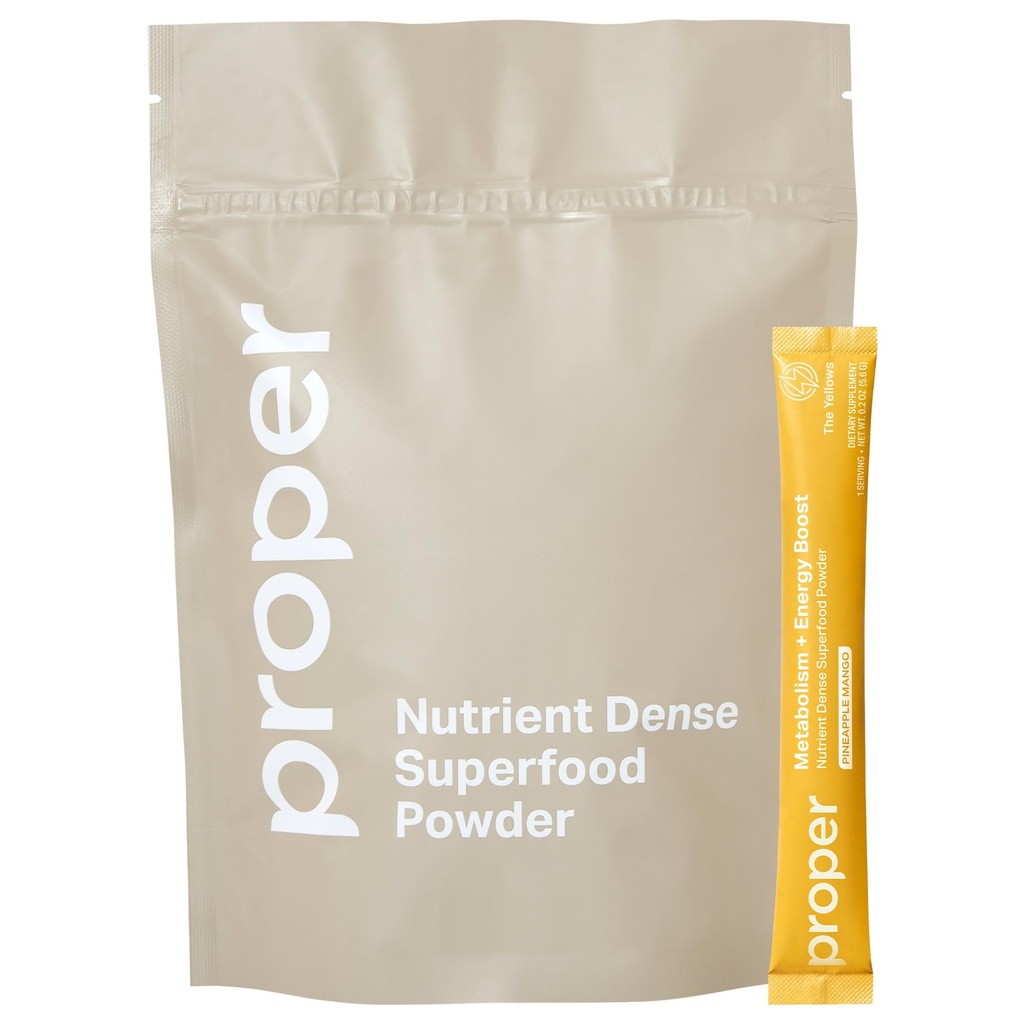 Proper, The Yellows Metabolism and Energy Boost, Sugar Free Energy Drink Powder with 100mg Caffeine. No Creatine or Beta-Alanine. 15 Servings, Pineapple Mango Drink Mix for Men and Women
