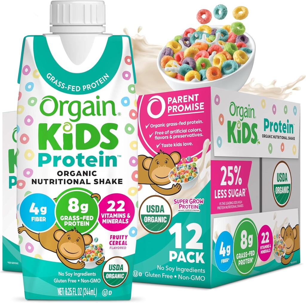 Orgain Organic Kids Nutritional Protein Shake, Fruity Cereal - Παιδικά Σνακ με 8g Γαλακτοκομικής Πρωτεΐνης, 22 Βιταμίνες & Ορυκτά, Φρούτα & Λαχανικά, Χωρίς Γλουτένη, Χωρίς Σόγια, Μη ΓΤΟ, 8,25 Fl Oz (Pack of 12)
