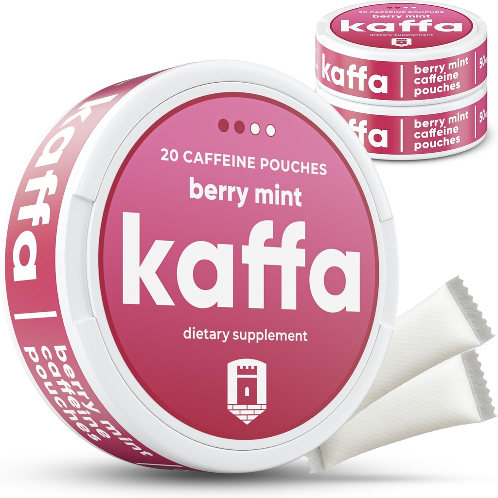 Kaffa Energy Pouches - 50mg Caffeine Pouches - Vitamin B6 & B12-20 Nicotine Free Pouches Per Can - 3 Pack (Berry Mint)