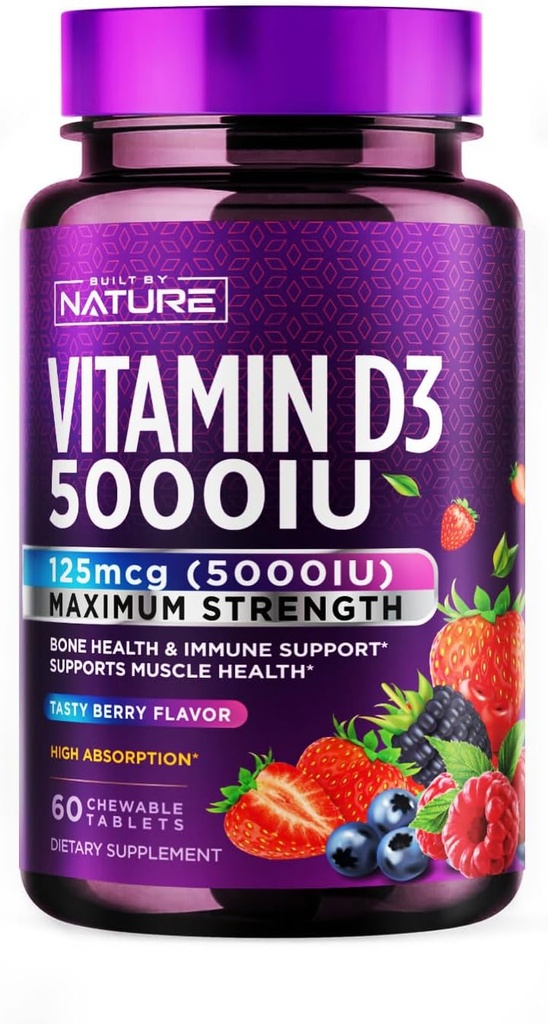 Nature Chewable Vitamin D3 5000 IU - Vitamin D Supplement Chews - Sugar Free & Natural Berry Flavor - 60 Tabletler
