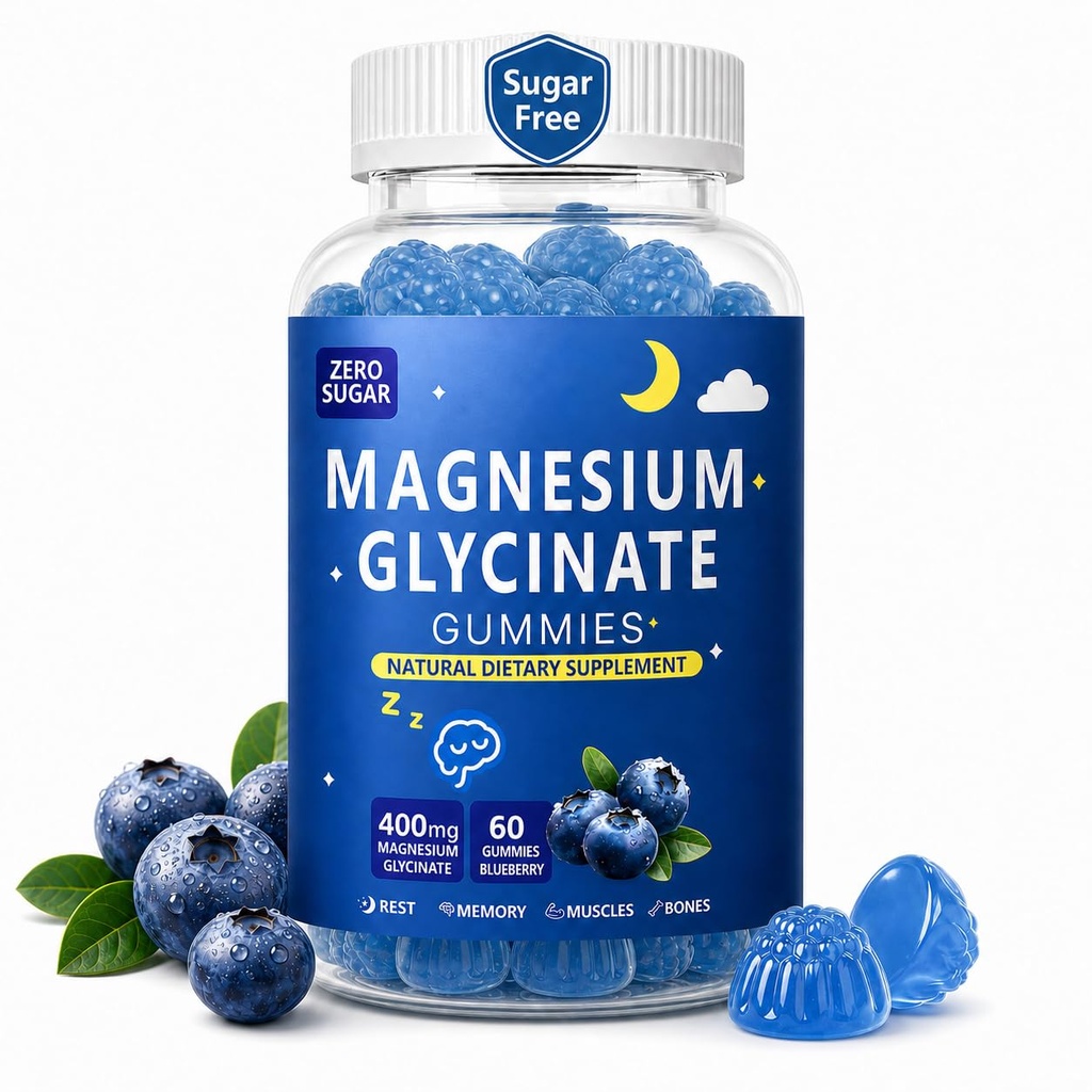 Magnesium Gummies for Kids and Adults, Sugar-Free 400mg Magnesium Glycinate Gummies, Chewable Magnesium Supplement for Relaxation and Muscle Function Support, Blueberry Flavor, 60 Count