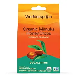 Wedderspoon Organik Manuka Honey Drops, Eucalyptus & Bee Propolis, 20 Kont (4oz) (Pack of 1)|Gerçek Yeni Zelanda Honey | Perfect Remedy For Kuru Throats