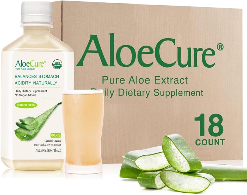 AloeCure USDA Organik Aloe Vera Juice 12 Hrs of Harvest - Pure Aloe Juice Natural Digestive Supplement to Support Digestion, Immune System and Balanced Stomach Acidity, 18 x 500 ml Şişes