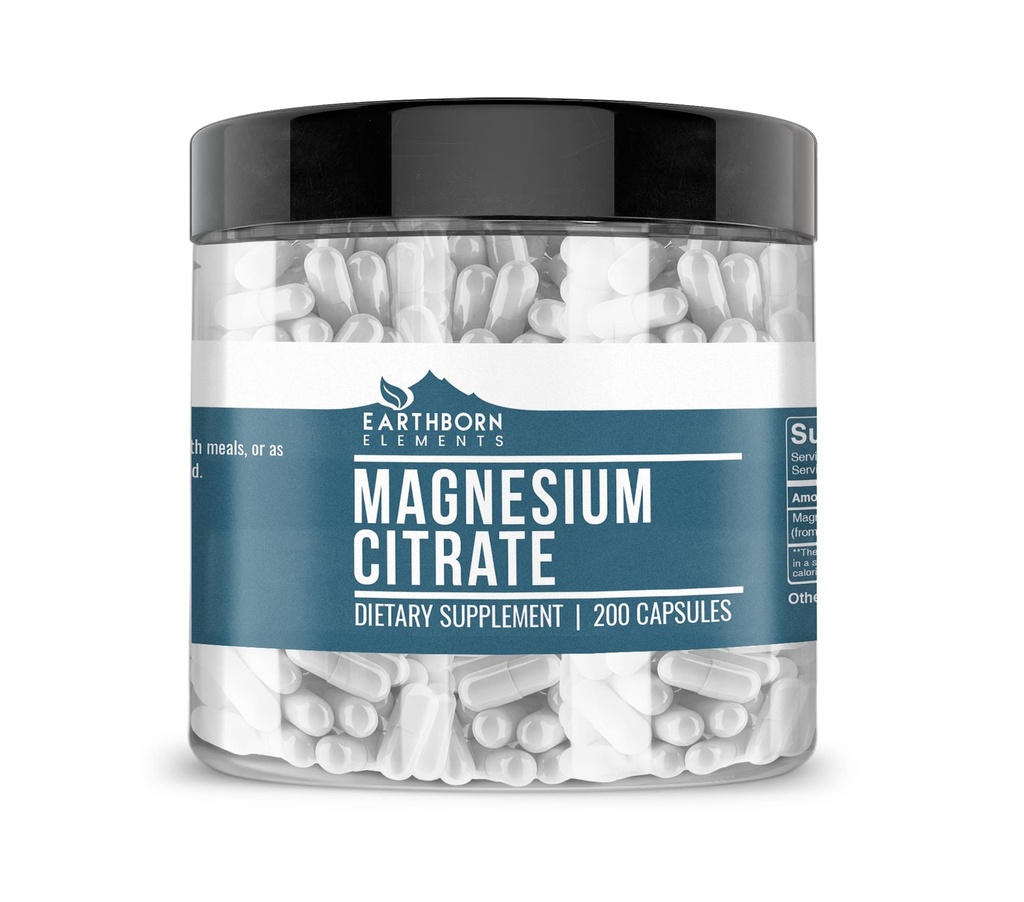 Earthborn Elements Magnezyum Citrate 200 Capsules, Pure & Undiled, No Wordss