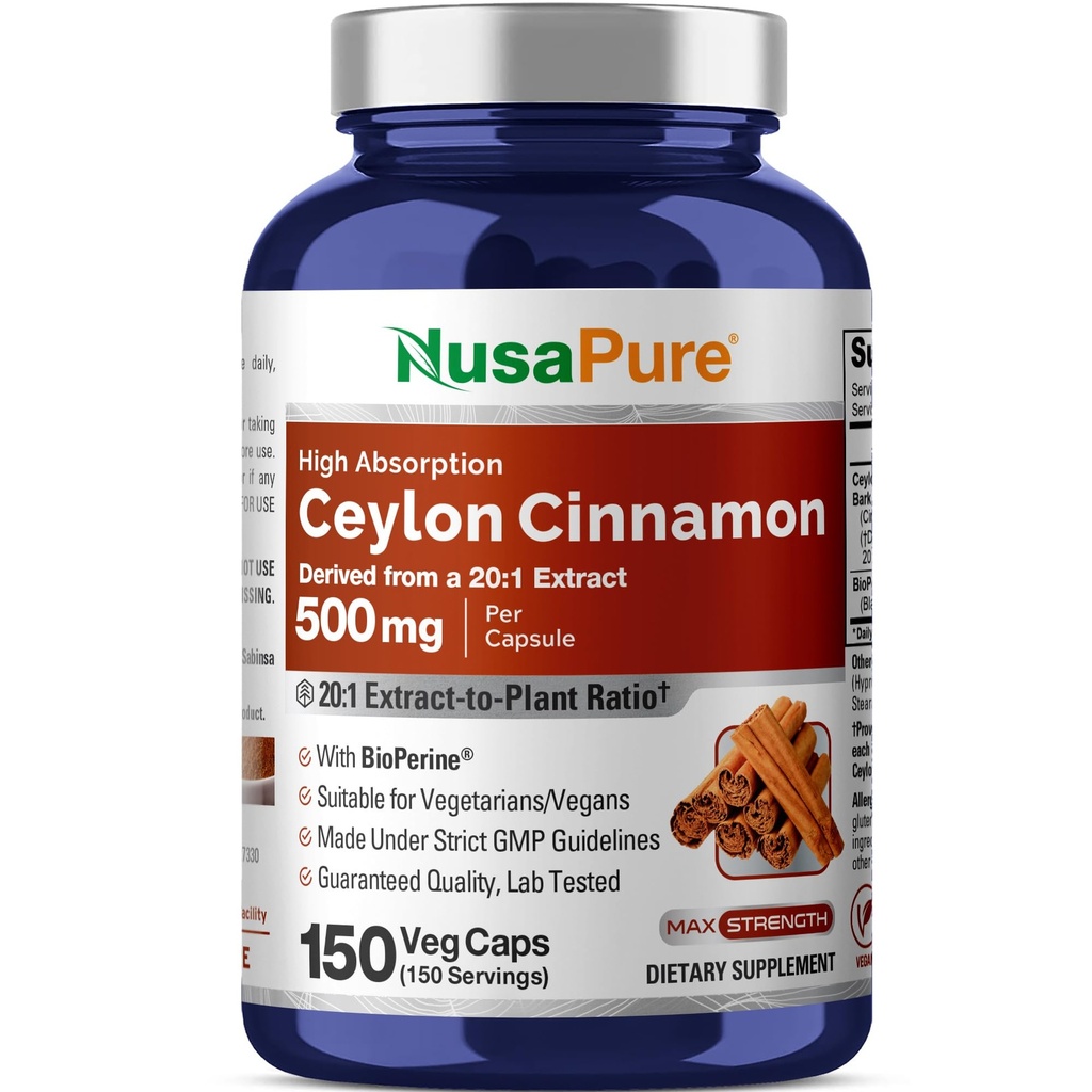 NusaPure Ceylon Cinnamon20:1 Ekstraksiyon, 500 mg Caps | 150 Veggie Capsules | Non-GMO, Vegan with Bioperine