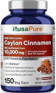 NusaPure Ceylon Cinnamon20:1 Extract, 500 mg Equivalent to 10,000 mg Per Caps | 150 Veggie Capsules | Non-GMO, Vegan with Bioperine