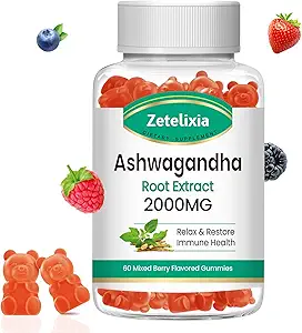 Ashwagandha Gummies, Extra Strength Vitamin D3, Organic Ashwa Root Extract Supplement for Calm Mood Relaxation & Immune Support, Mixed Berry Vegan Sugar Free Chews 60 Count
