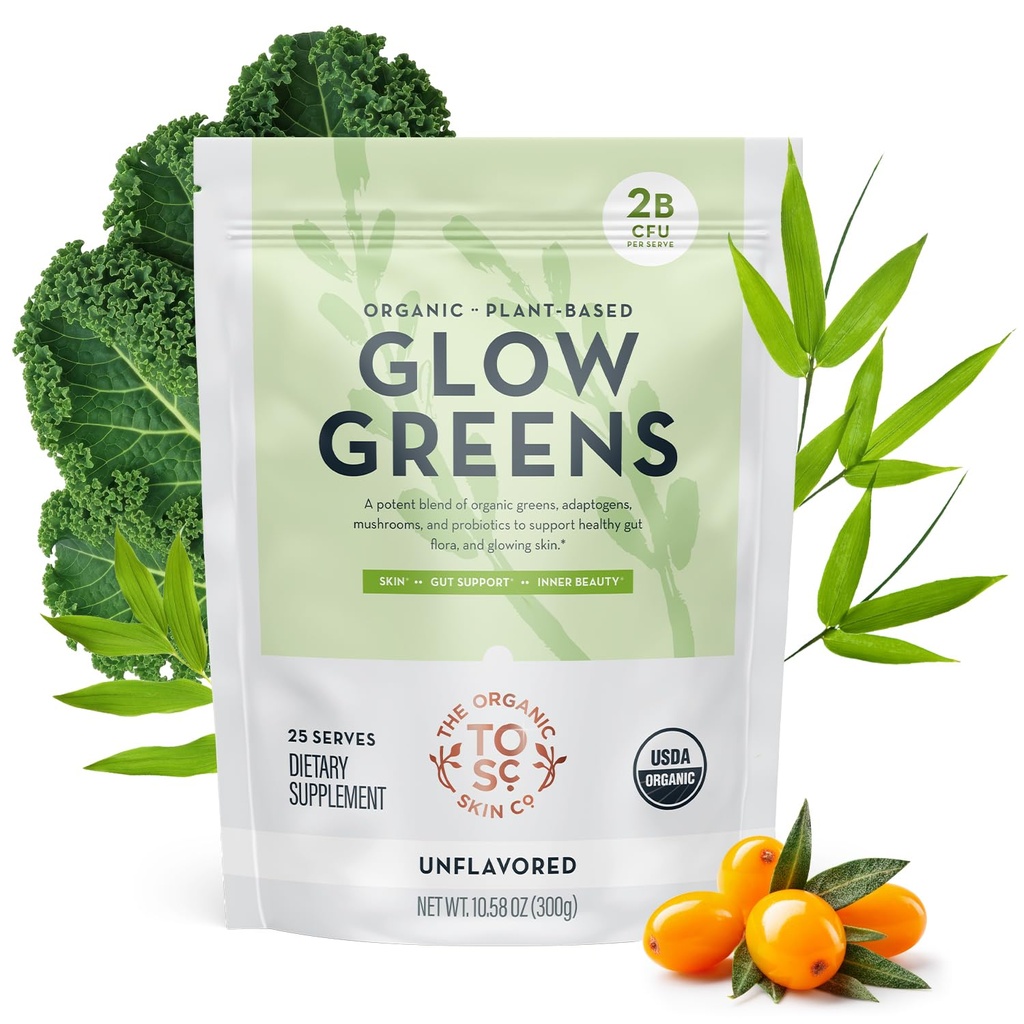 Organic Greens Powder Drink Mix | Skin & Gut Health USDA Organic Superfood Blend Probiotics Digestive Enzymes Tremella Mushroom Biotin Vitamin C & Bamboo Silica Vegan Glow Greens Unflavored 25 Serving