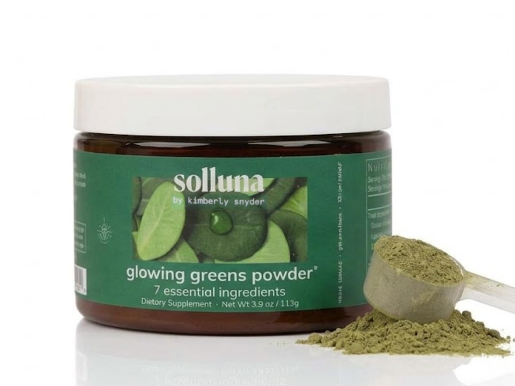 Solluna Glowing Greens Powder Ashitaba, Spirulina, Chlorella, Cordyceps, Moringa, Amalaki & Monk Fruit — Superfood for Energy, Mood & Immune Support — Kimberly Snyder (30 Servings) Vegan Non-GMO
