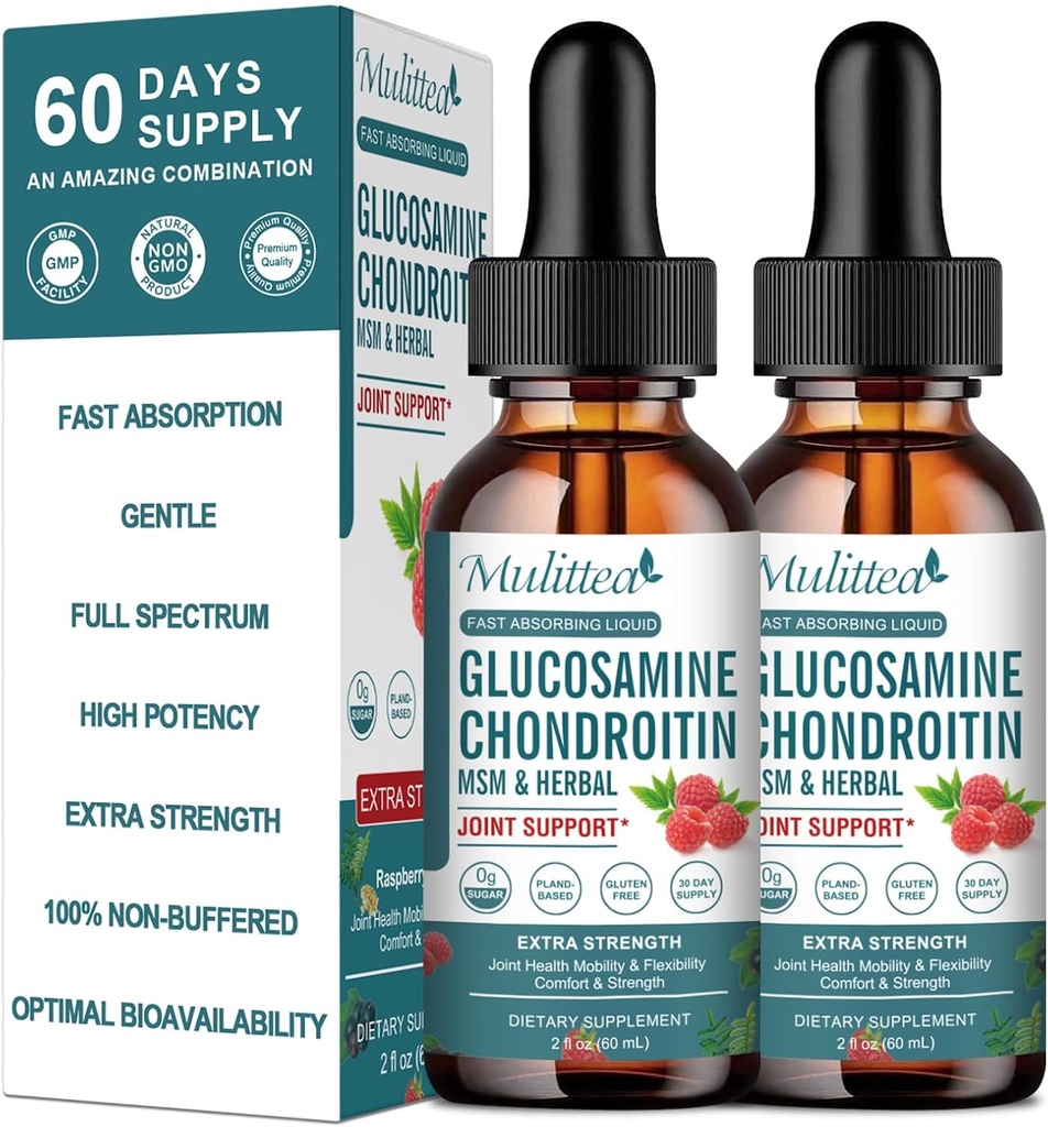 (2 Pack) Γλυκοζαμίνη Χονδροϊτίνη MSM Υγρές σταγόνες - Επιπλέον συμπλήρωμα κοινής υποστήριξης δύναμης με Elderberry, Boswelia, Bromelain, Hyaluronic Acid - Αντιοξειδωτική ανοσοποιητική υποστήριξη για ενήλικες, άνδρες και γυναίκες