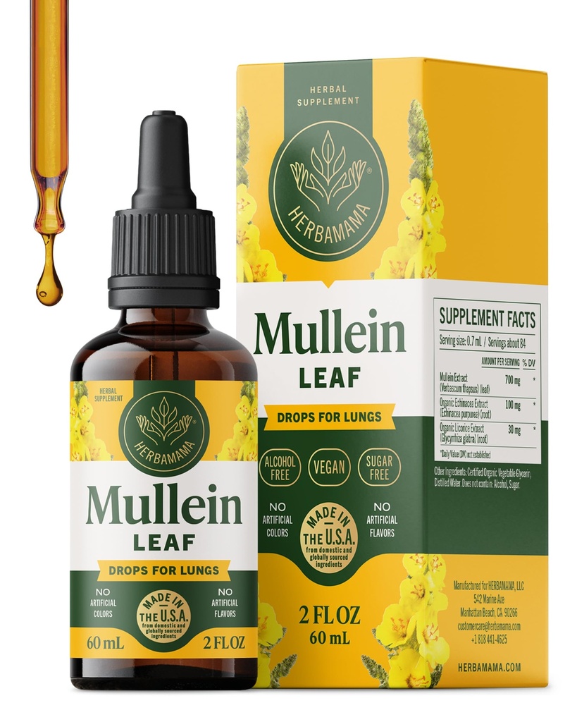 Dungs için HERBAMAMA Mullein Drops - Vegan Mullein Leaf Extract for Lungs Cleanse Support - Non-GMO, Alkol & Sugar-Free Respiratory Supplement, 28-Day Supply