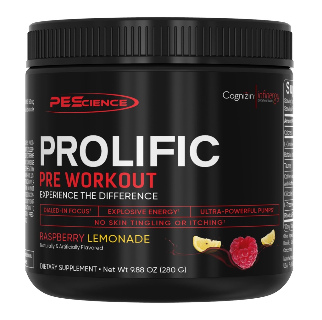 PEScience Prolific Preworkout Powder for Men & Women with L-Citrulline Nitric Oxide Booster, Energy Powder & Nootropic for Focus – Preworkout Without Beta Alanine – 40 Scoops, Raspberry Lemonade