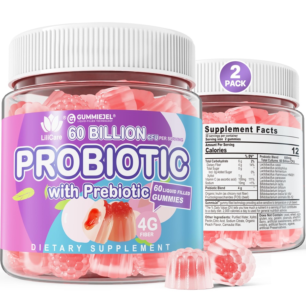 2Pack Probiyotik + Prebiyotiks Gummies Sugar Free 60 Milyar CFU, 11 Strains Probiyotikler Kadınlar için Gummiesleri Digestive Health ve Gut Health, Supports Constipation, Diarrhea, Gas & Bloating