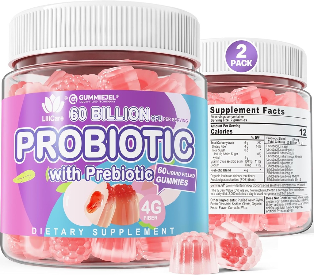 2Pack Probiyotik + Prebiyotiks Gummies Sugar Free 60 Milyar CFU, 11 Strains Probiyotikler Kadınlar için Gummiesleri Digestive Health ve Gut Health, Supports Constipation, Diarrhea, Gas & Bloating