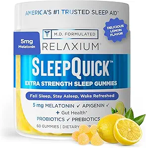 Relaxium Sleep Quick Gummy, Sleep Aid Support, 5 mg Μελατονίνη, Βιταμίνη D-3, Προβιοτική & Προβιοτική Μείξη, Χωρίς Γλουτένη & Φάρμακα, Γεύση Λεμονιού, 60 Gummies