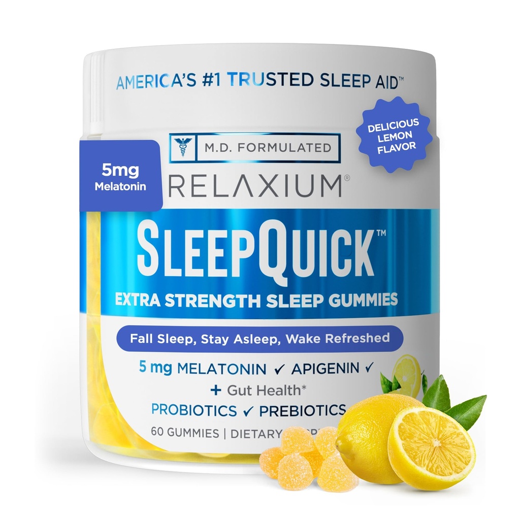 Relaxium Sleep Quick Gummy, Sleep Aid Support, 5 mg Melatonin, D-3, Prebiyotik & Probiyotik Mix, Gluten & Drug Free, Lemon Flavor, 60 Gummies