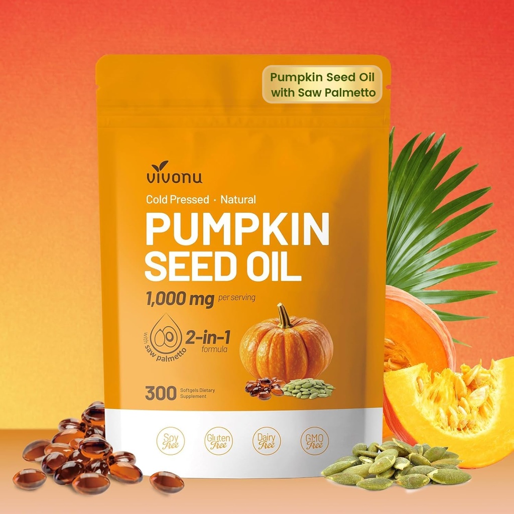 Pumpkin Seed Oil with Saw Palmetto Capsules | Cold Pressed, Pure Virgin Oil, Essential Fatty Acids & Phytosterols | 300 SoftgelsSupports Hair, Urinary, Bladder & Prostate Health, Non-GMO (300pcs/1Bag)