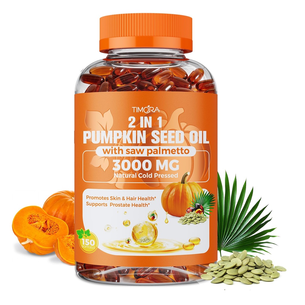 TIMORA Pumpkin Seed Oil with Saw Palmetto, 150 Softgels | Cold Pressed, Essential Fatty Acids for Hair Growth | Natural Herbal Supplement | Non-GMO