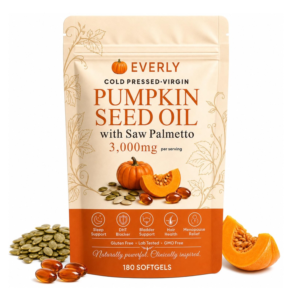 Everly Pumpkin Seed Oil with Saw Palmetto, Steady Energy & Daily Vitality, 180 Softgels for Women & Men