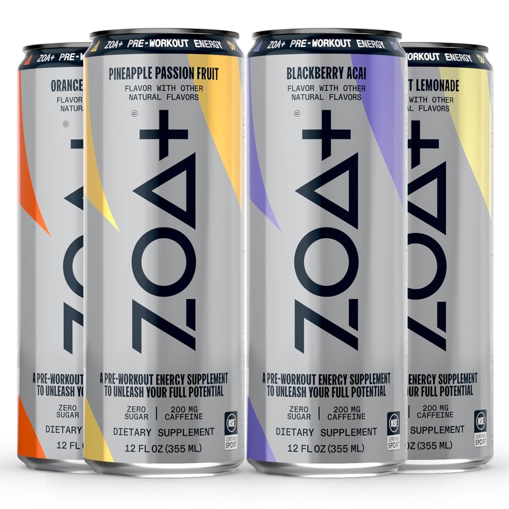 ZOA+ Pre-Workout Energy Drink, Variety Bundle - NSF Certified for Sport with Zero Sugar, Nitric Oxide Support, B & D Vitamins, Amino Acids, and Electrolytes - 48 pack