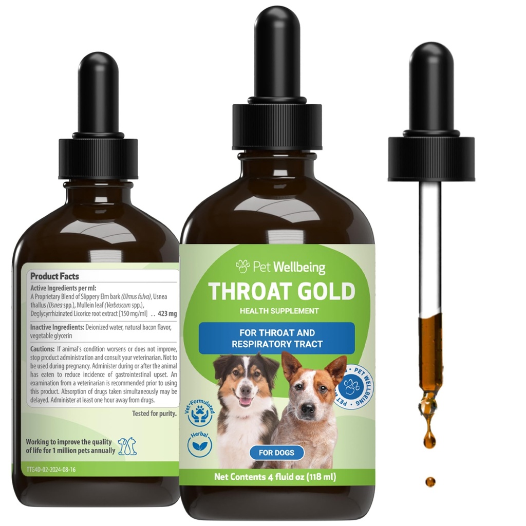 Pet Wellbeing Throat Gold for Dogs - Supports Collapsed Trachea & Throat Discomfort with Mullein & Slippery Elm for Kennel Cough - NASC Certified & Vet-Formulated 4 oz Liquid Formula
