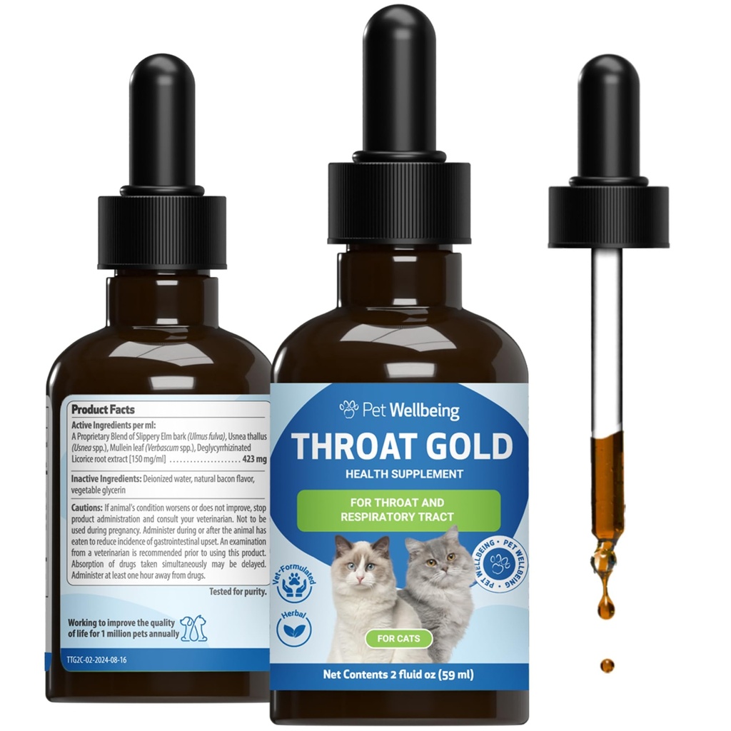 Pet Wellbeing Throat Gold for Cats - Cat Respiratory Support, Occasional Cough & Hoarseness with Mullein & Slippery Elm - NASC Certified & Vet-Formulated - 2 oz Liquid Formula