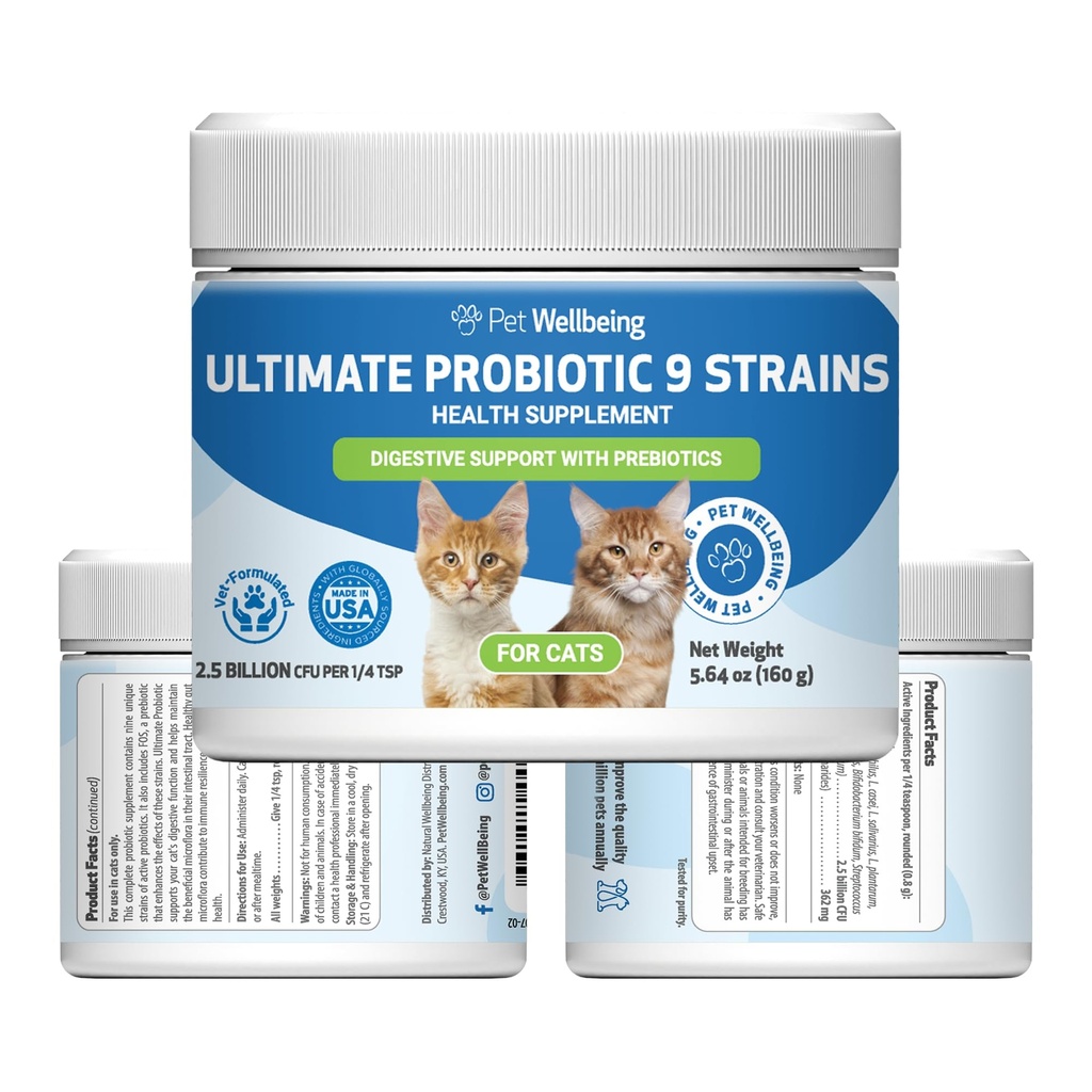 Pet Wellbeing Ultimate Probiotic 9 Strains with FOS Prebiotics for Cats - Digestive Health, Immune Support & Gut Flora Balance - NASC Certified & Vet-Formulated - 160 g Powder