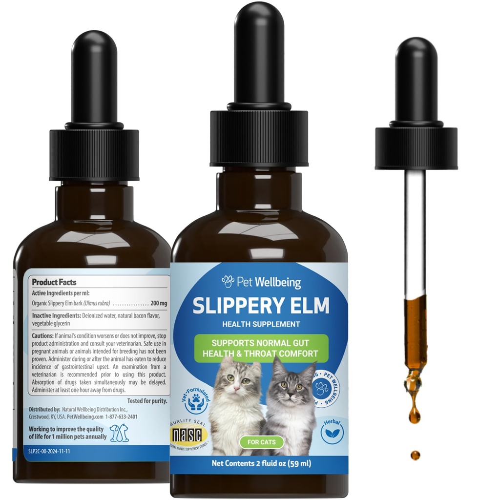 Pet Wellbeing Slippery Elm for Cats - Vet-Formulated Dual Digestive & Throat Support - Organic Pure Single Herb Extract - Holistic Soothing Cat Supplement - Liquid Formula 2 oz (59ml)