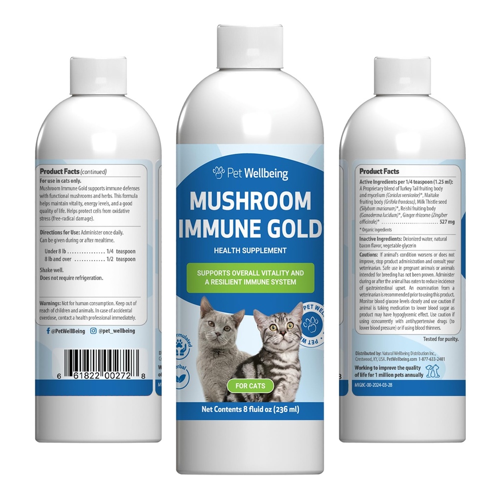 Pet Wellbeing Mushroom Immune Gold for Cats - Complementary Immune Support with Functional Mushrooms Reishi, Maitake & Turkey Tail - NASC Certified & Vet-Formulated - 8 oz Liquid Formula