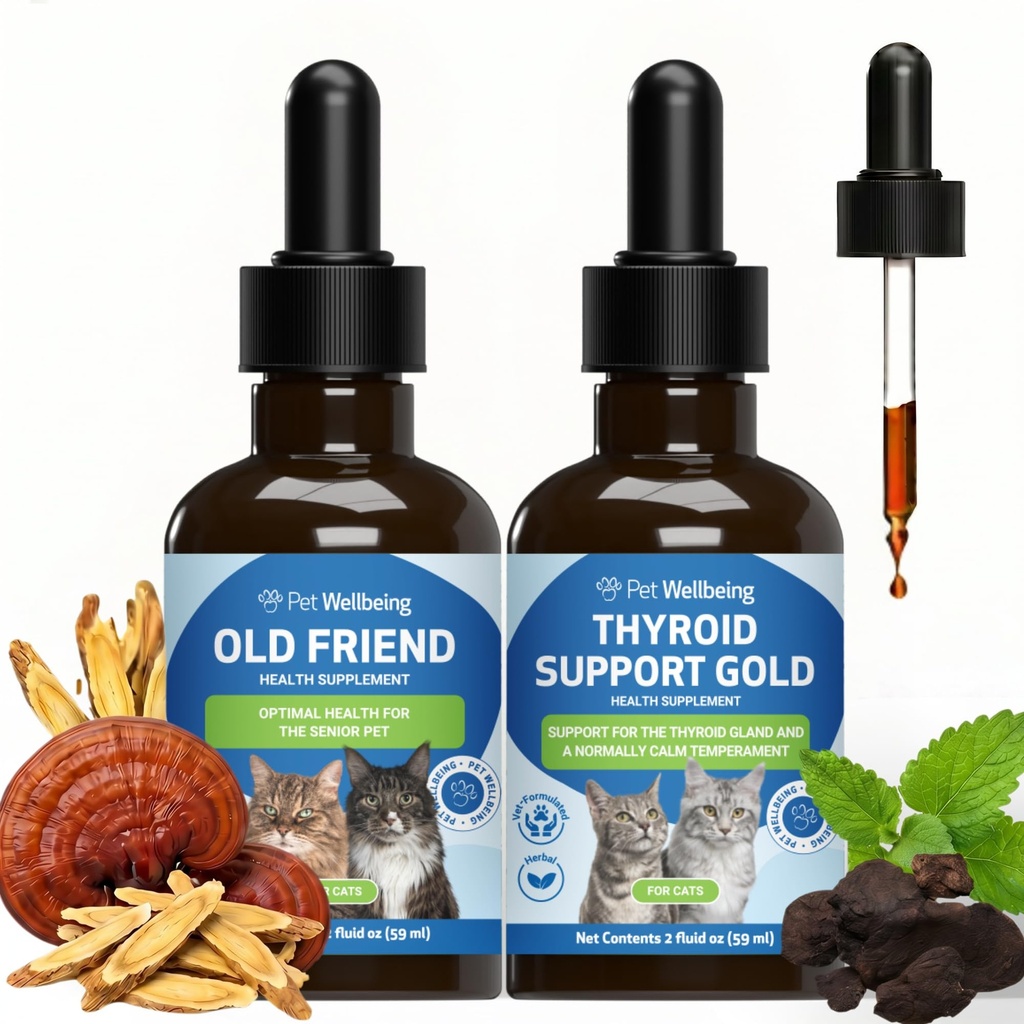 Pet Wellbeing Old Friend & Thyroid Support Gold for Senior Cats - NASC Certified & Vet-Formulated Senior Wellness & Thyroid Balance Bundle, Herbal Liquid Formula, Natural Bacon Flavor, 2 (2oz)