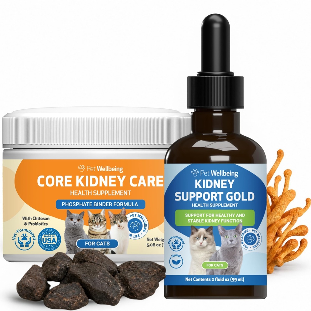 Pet Wellbeing Kidney Support Gold & Core Kidney Care for Cats - NASC Certified & Vet-Formulated Herbal Kidney Support & Daily Phosphate Binder Bundle, Herbal Liquid and Holistic Powder 2 oz & 144 g