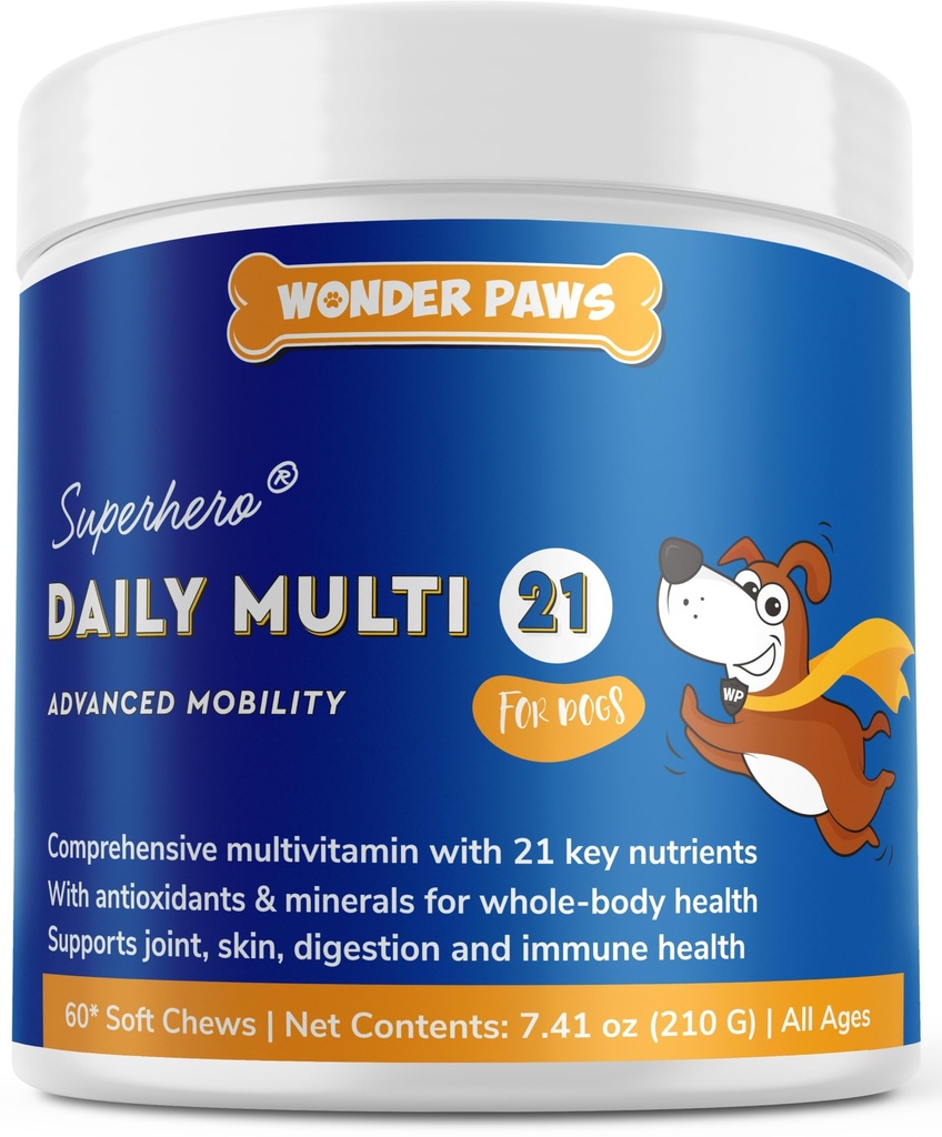 WONDER PAWS Premium Multivitamin for Dogs Daily Multi for Immune, Mood, Joint, Skin, Heart & Digestive Health - 21 in 1 Dog Multivitamins for Optimal Health Essential - 60 Multivitamin Dog Chews