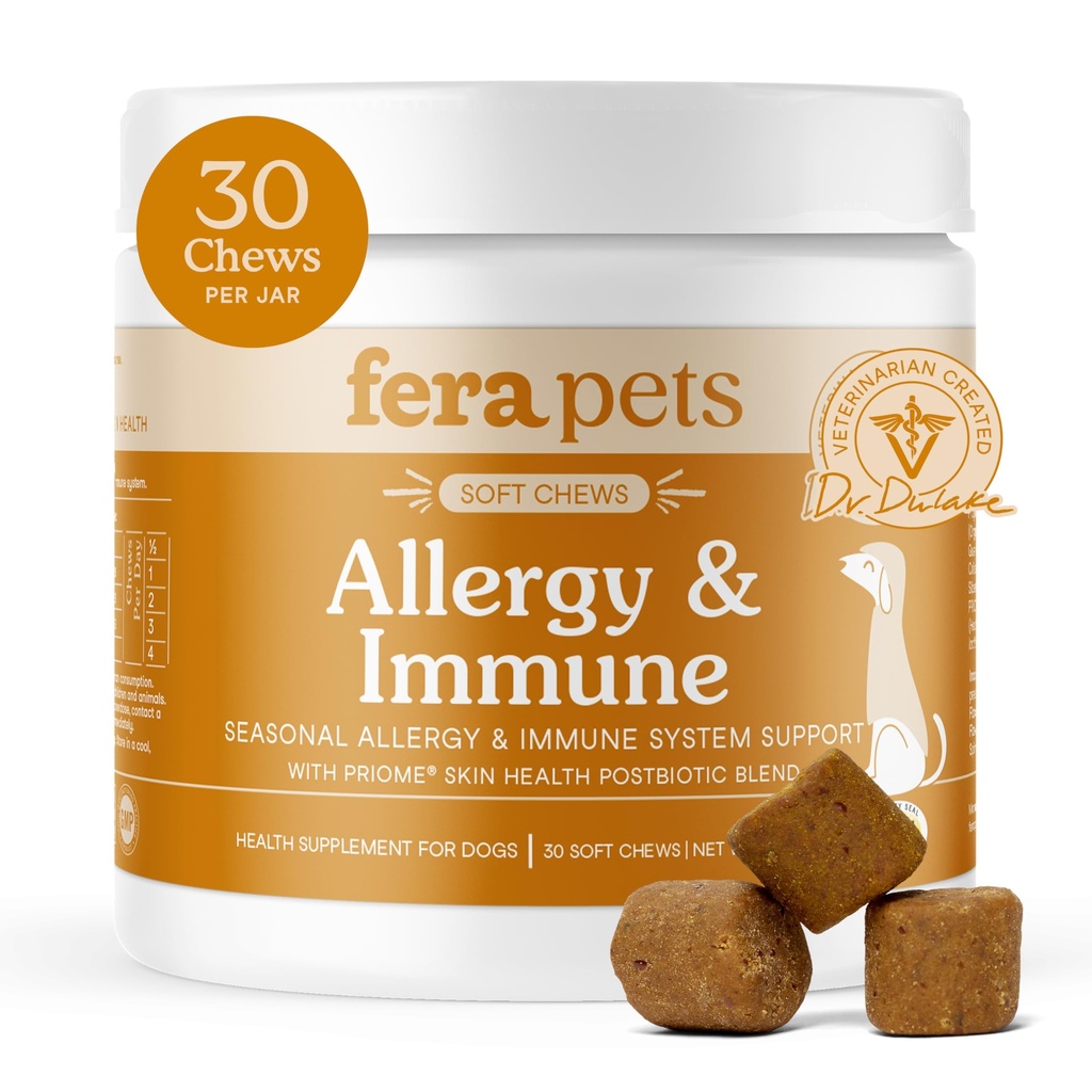 Fera Pets Dog Allergy & Immune Support with Turkey Tail Mushroom, 30 Chews | Dog Allergy Relief Chews with Organic Mushrooms, Postbiotics & Colostrum for Immune Support, Skin Health & Itch Relief