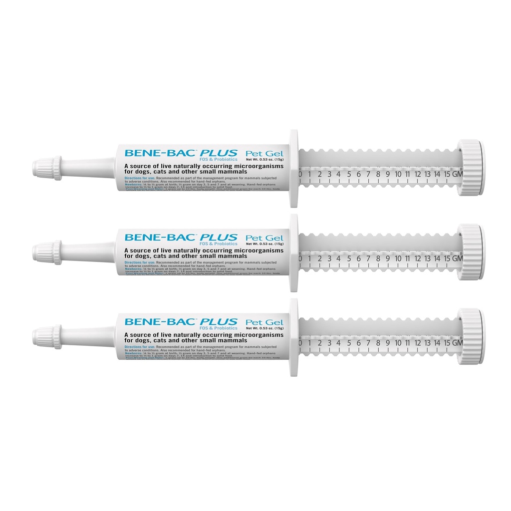 PetAg Bene-Bac Plus Pet Gel - 15 g Syringe, Pack of 3 - FOS & Probiotics for Dogs, Cats, Exotic & Wildlife Mammals