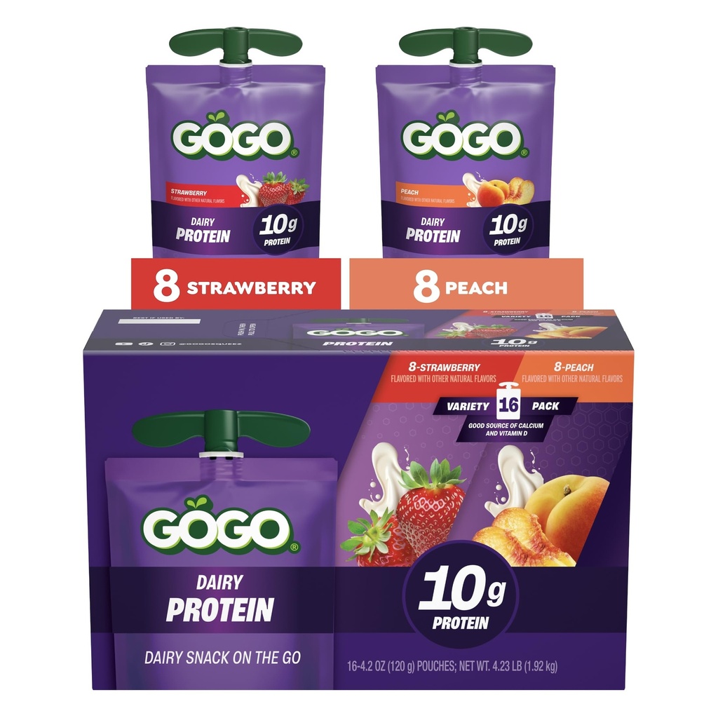 GOGO 10g Protein Variety Pack Strawberry and Peach Dairy Snack On The Go, 4.2 oz Pouches (Pack of 16) Gluten Free, Recloseable Cap, BPA Free