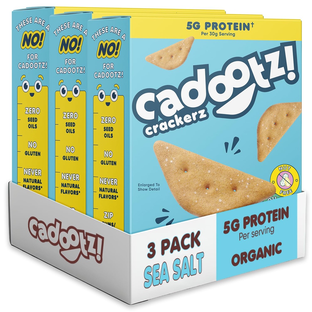cadootz | Sea Salt | Organic Protein Kids Snack with 5g Protein, Clean Label, Gluten Free, No Seed Oils, No Artificial Dyes, Kosher Better-for-You School Lunch Snack | 3 Pack
