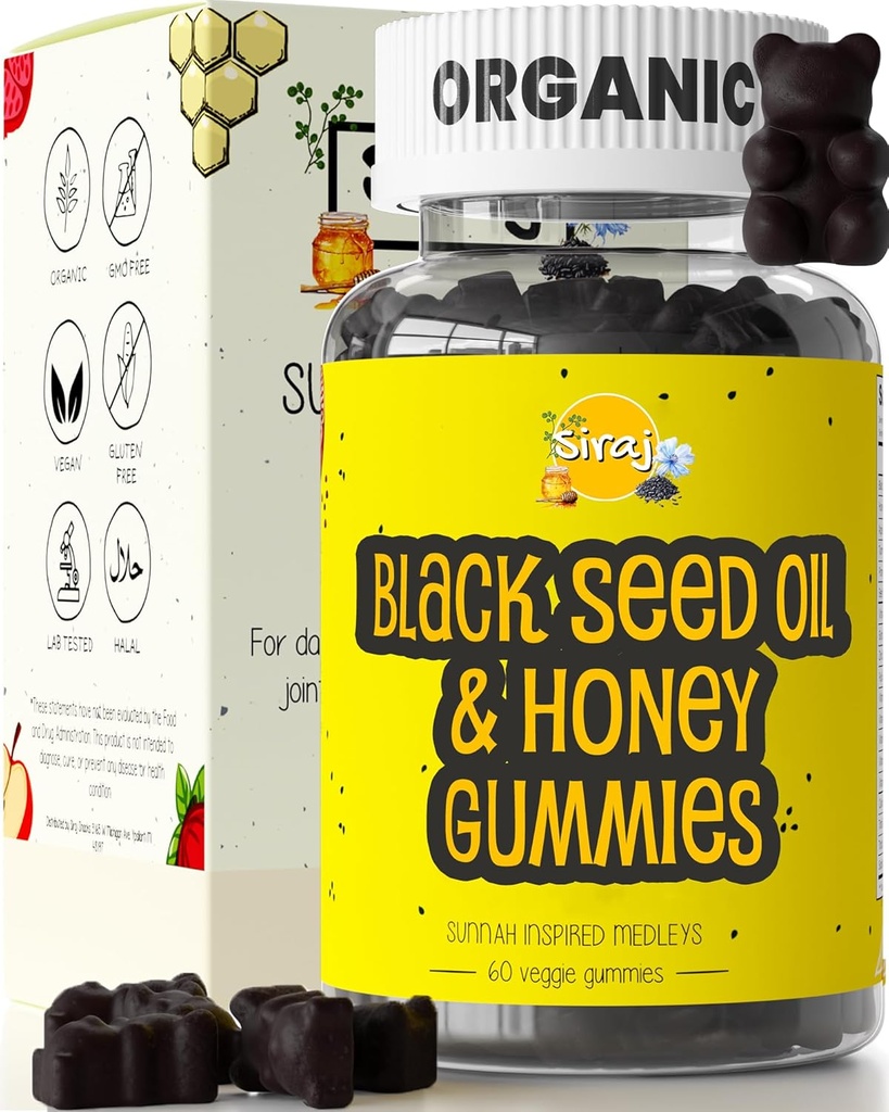 Siraj Organik Siyah Tohum Petrol Gummies w/Honey &15% Thymoquinone | Immune Support, Stres Yardımı Gummy Vitamins | Turmeric, Apple Cider Vinegar, Multivitamin Gummies