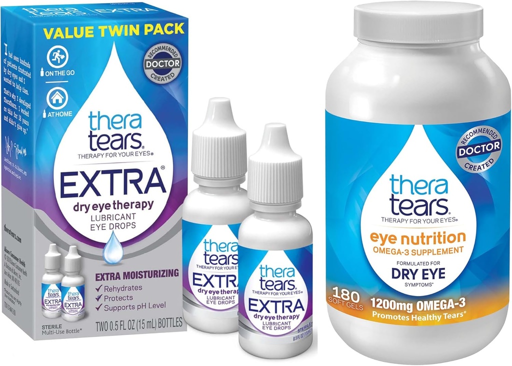 TheraTears 1200 mg Omega 3 Supplement for Eye Beslenme, Organik Flaxseed Triglyceride Fish Oil and Vitamin E, 180 Kont with Thera Tears Eye Drops for Kuru Eyes, 0,5 Fl Oz, 15 Ml, 2 Pack