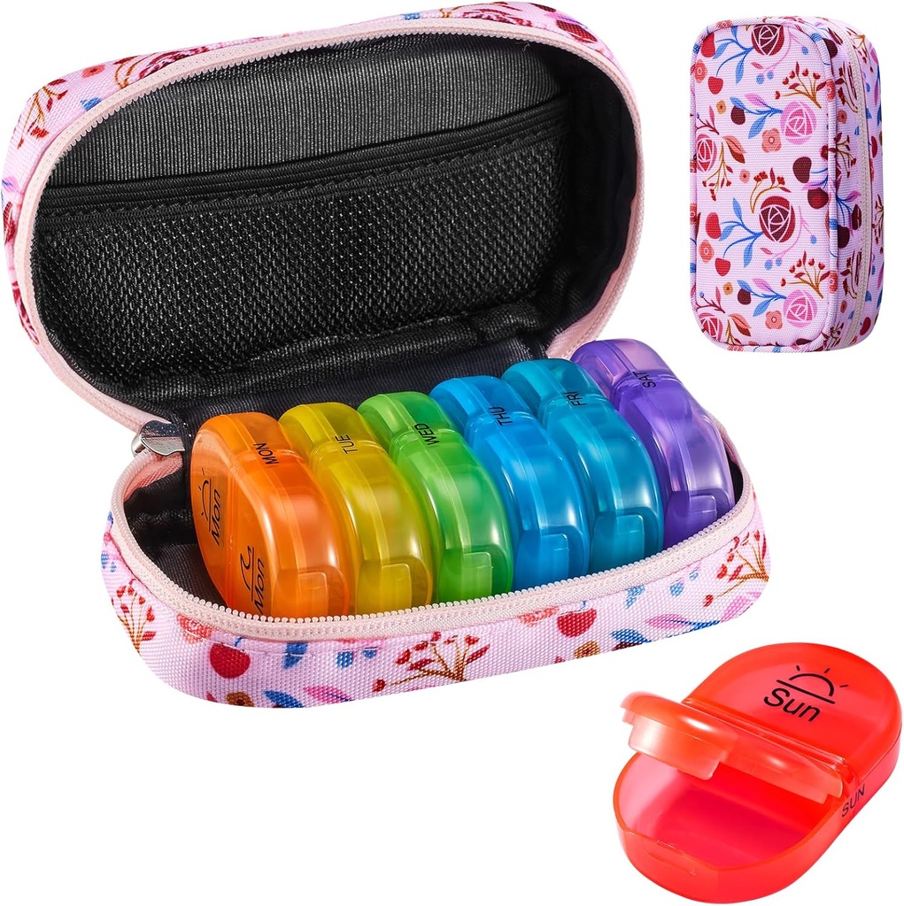 Serfeymi Weekly Travel Pill Organizer 2 φορές A Day AM PM Αναβάθμιση Rainbow Pill Box 7 Day with Portable Zipper Canvas Pill Case, Medicine Organizer for Pills, Vitamins, Fish Oils - Pink 01
